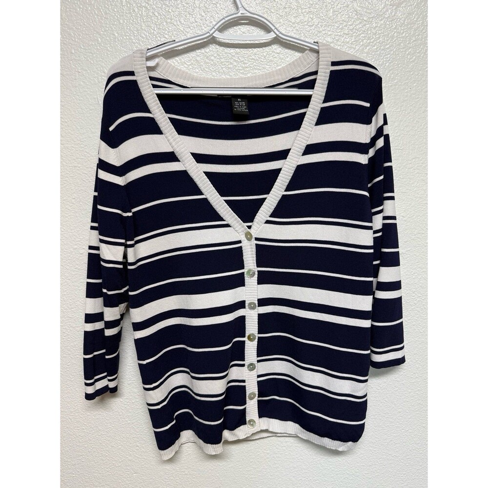 89th & Madison Knit Stripe V-Neck 3/4 Sleeve Dark Navy Blue Elegant Sz XL
